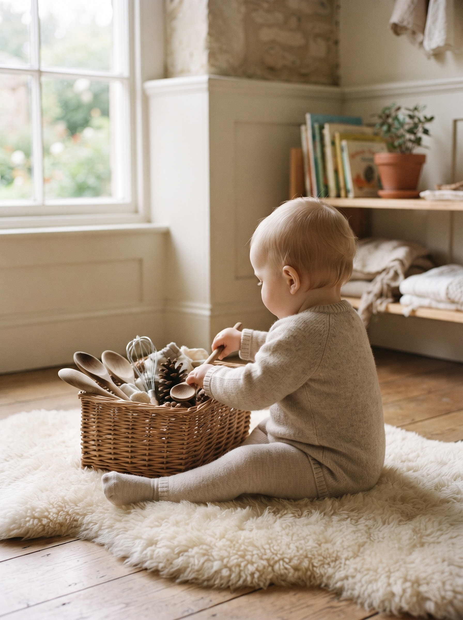 A baby on a sheepskin rug exploring a wicker treasure basket