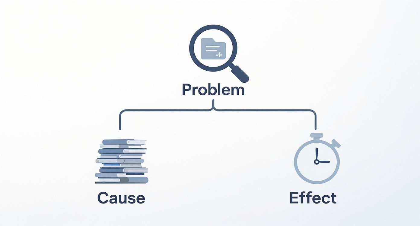 Speak4Me – An infographic illustrating how digital file organization can save time and reduce stress, with icons representing folders, documents, and clocks.