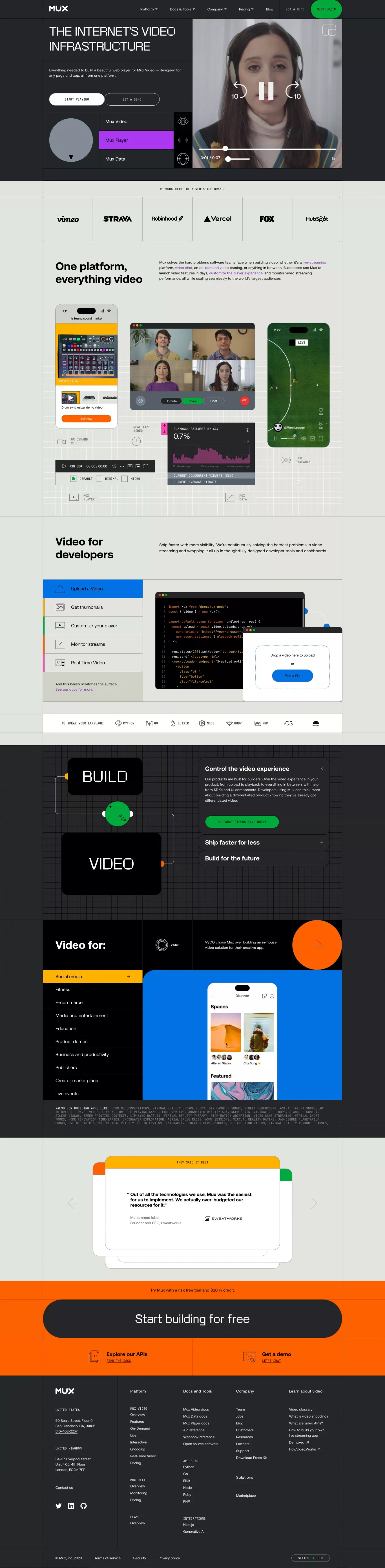 The Internet's video infrastructure landing page screenshot showcasing Design and Tech design