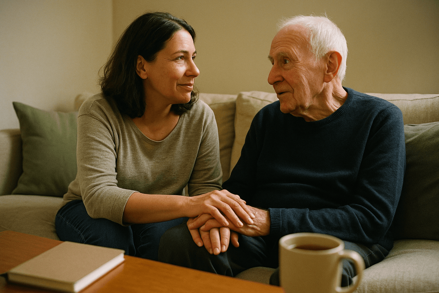 An adult daughter holds her elderly father's hand on a sofa during a warm, reassuring conversation.