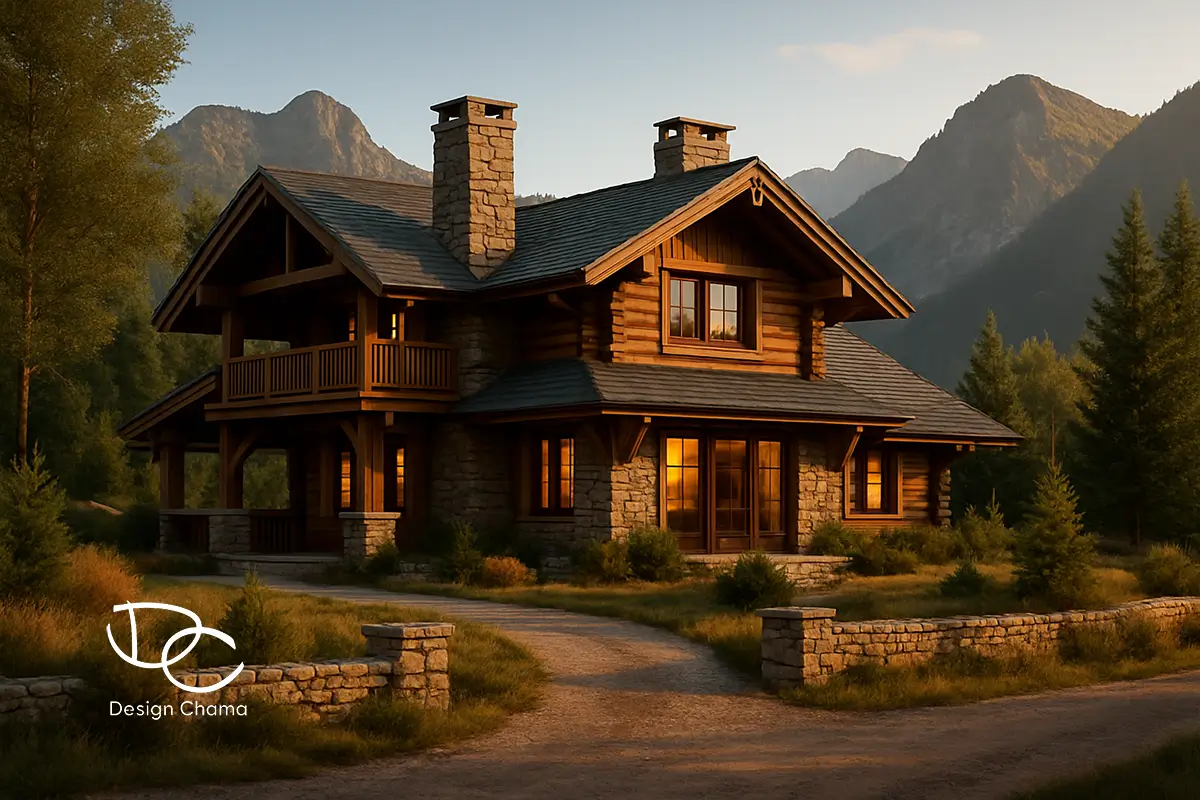 Ορεινό chalet στο Λιβάδι Παρνασσού, με πέτρινες λεπτομέρειες, ξύλινη επένδυση και ζεστό απογευματινό φωτισμό. Αρχιτεκτονικός σχεδιασμός Design Chama.