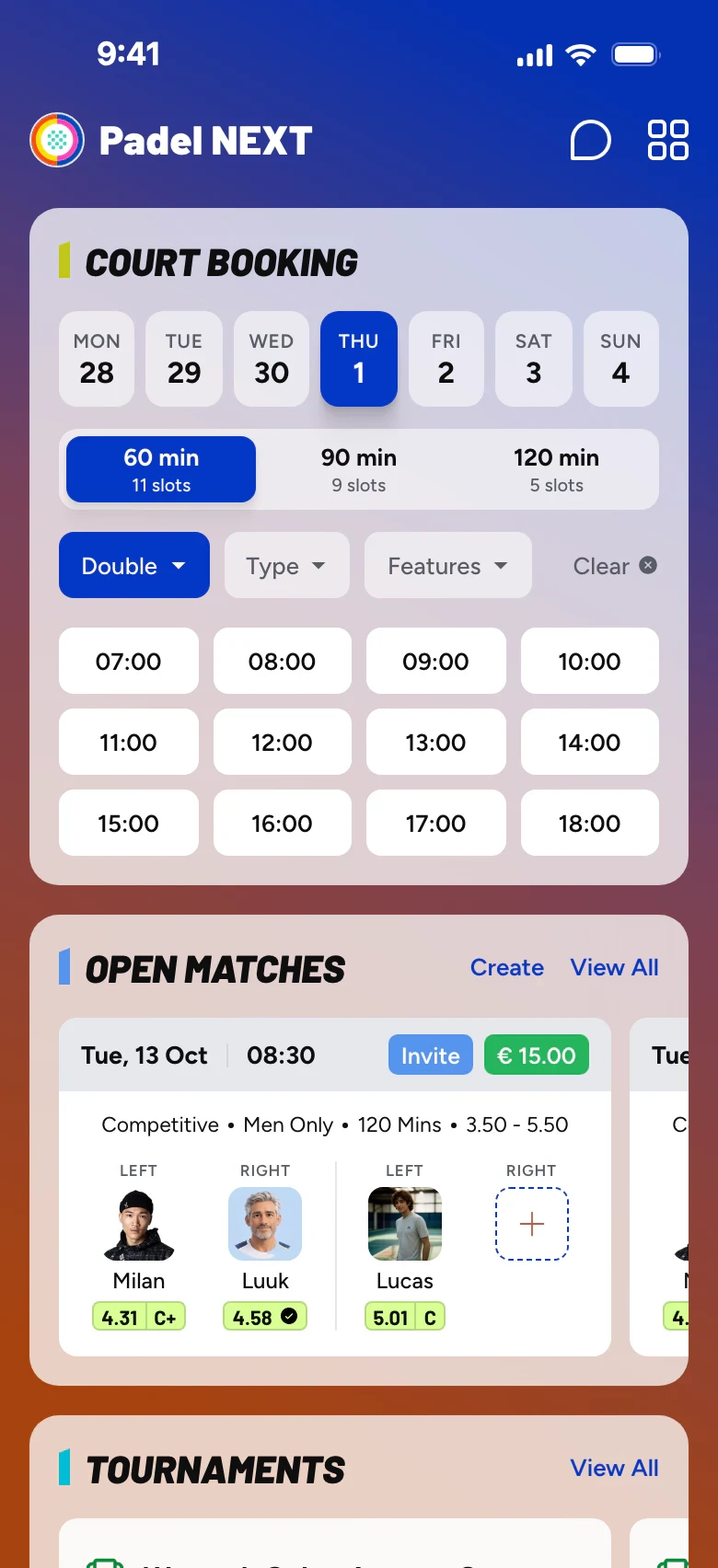 Padel NEXT club app, home