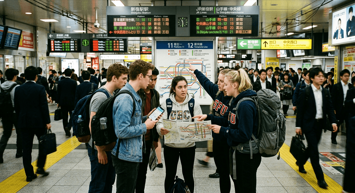 People waiting at a Japanese train station