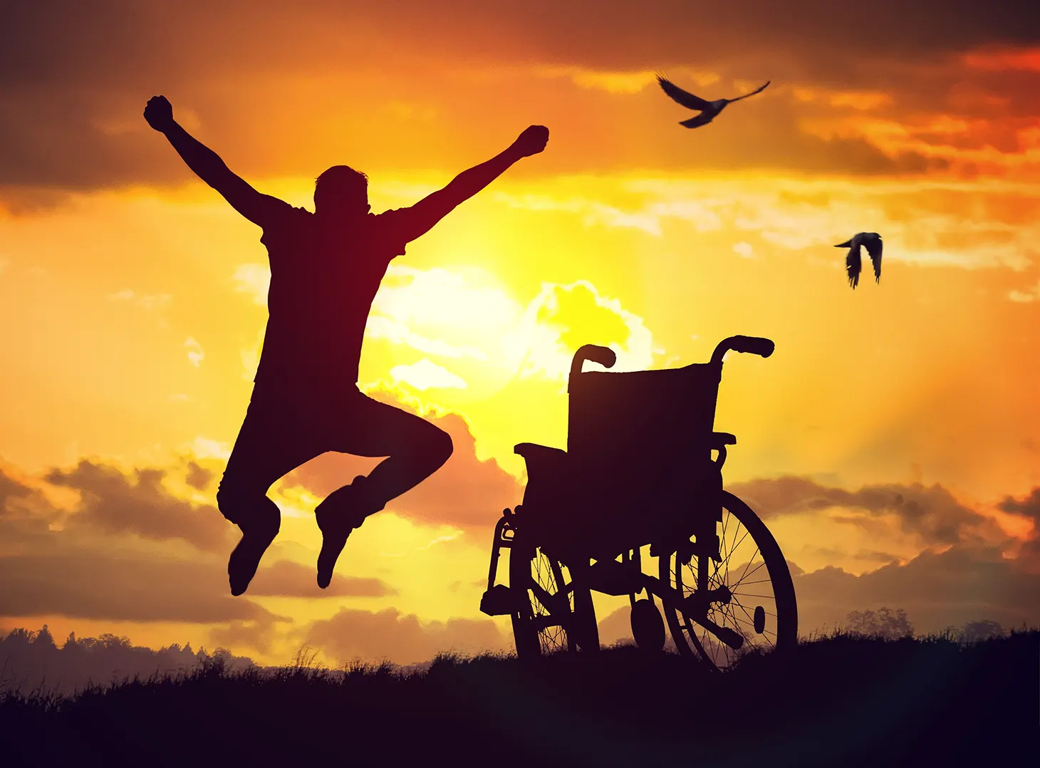 Illustarsjonsbilde som viser en person som gleder seg over å ha reist seg frisk opp fra rullestolen.