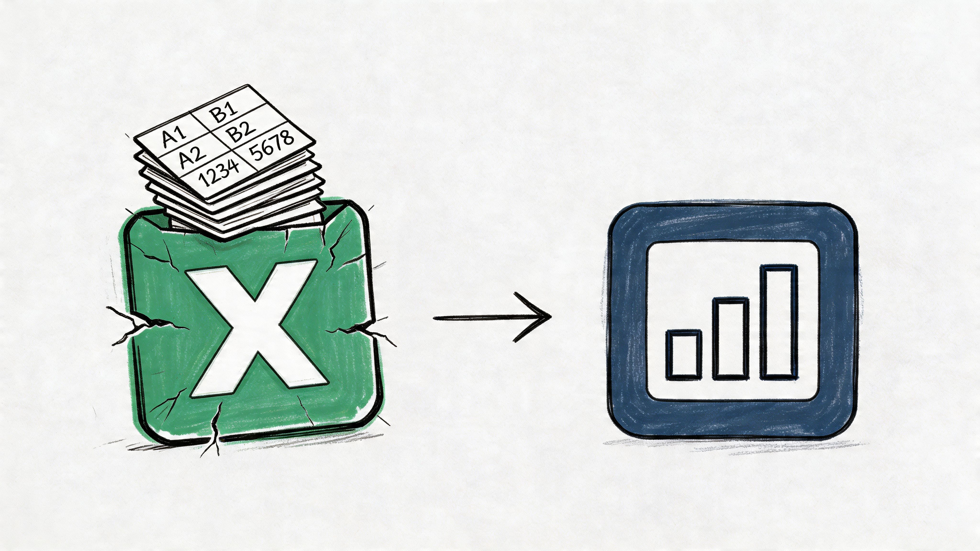 A hand-drawn illustration showing a spreadsheet icon transitioning into a bar chart icon representing data analysis.