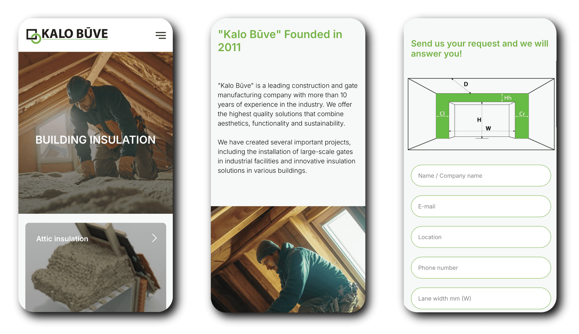 Kalo Būve website mobile responsive design showing insulation services and contact form