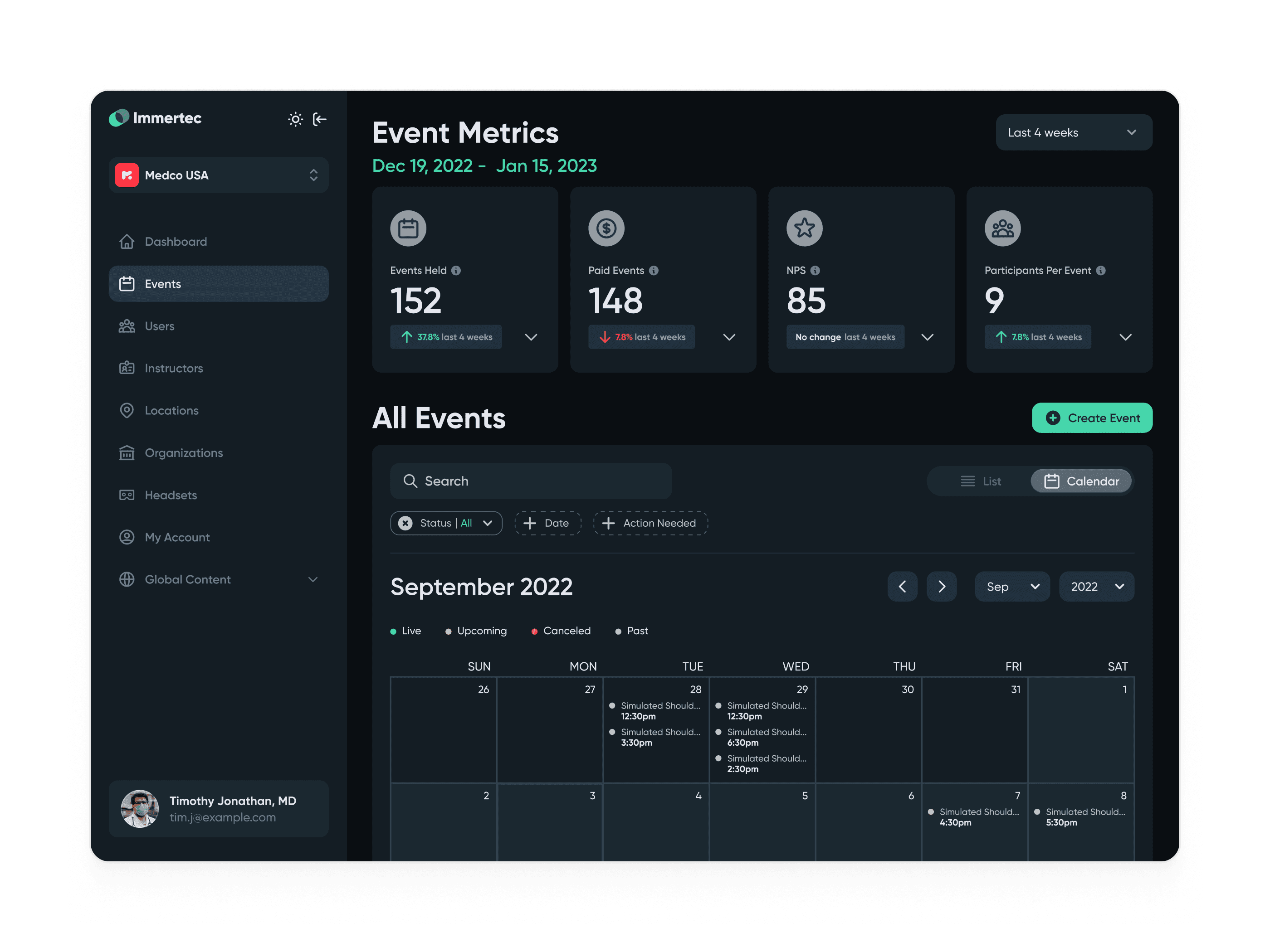 Dashboard displaying: event metrics, searchable event list, and calendar for September 2022.