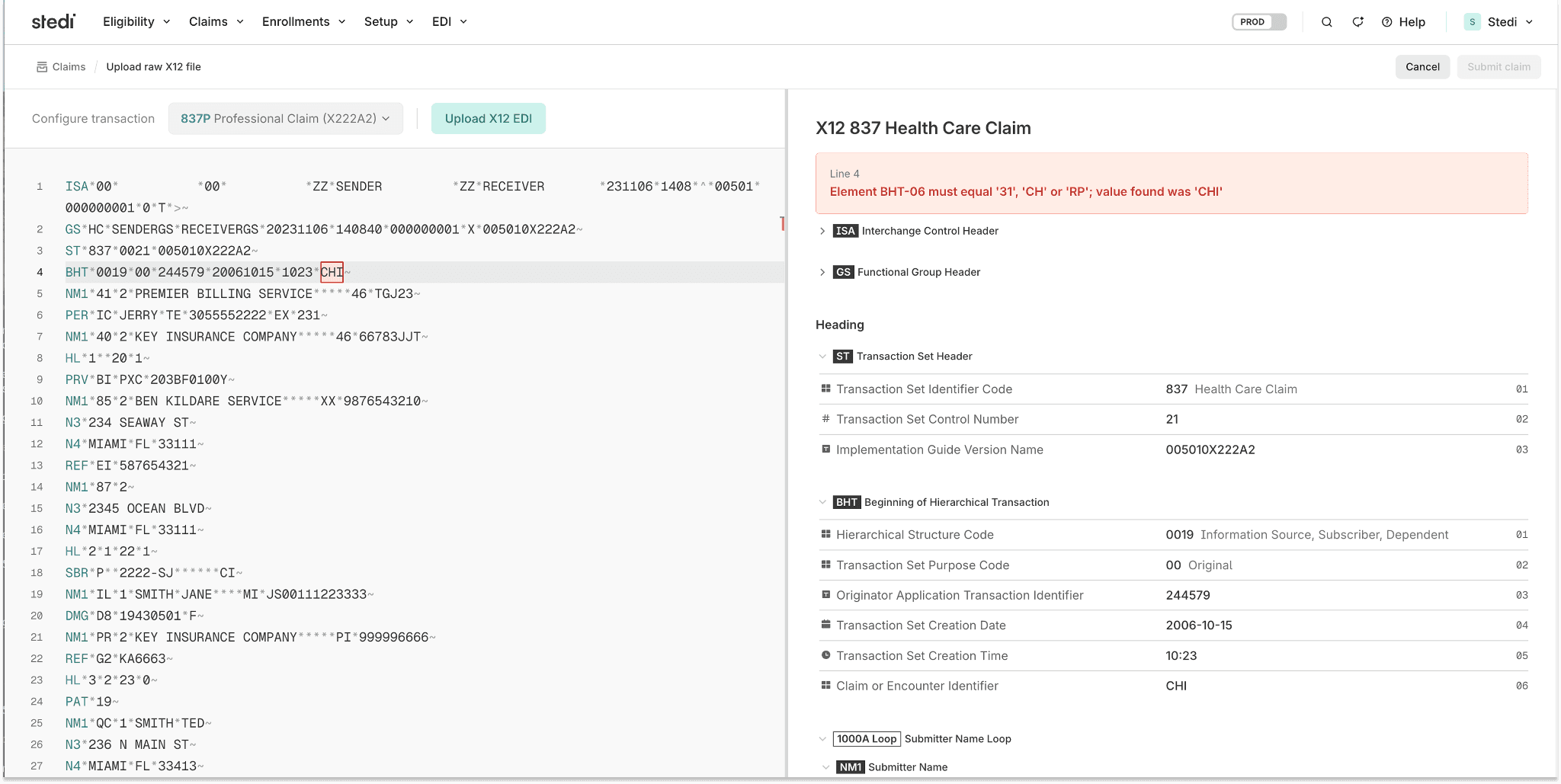 Error in the Stedi portal's EDI editor