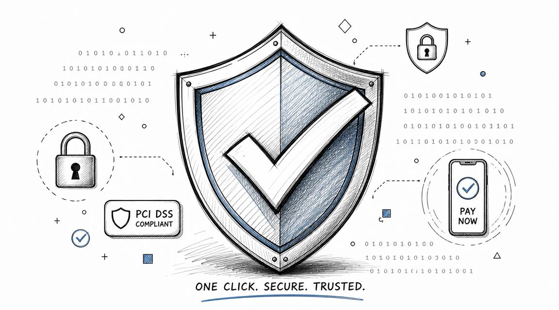 A digital security shield icon representing one click secure payment with data encryption and PCI compliance.