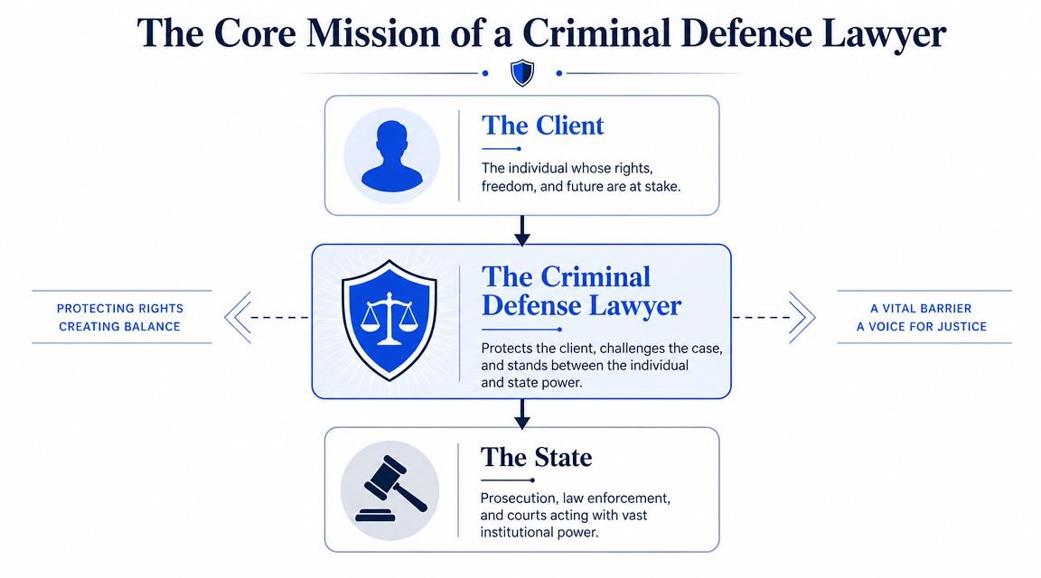 An infographic illustrating the core mission of a criminal defense lawyer in protecting individual rights against state power.