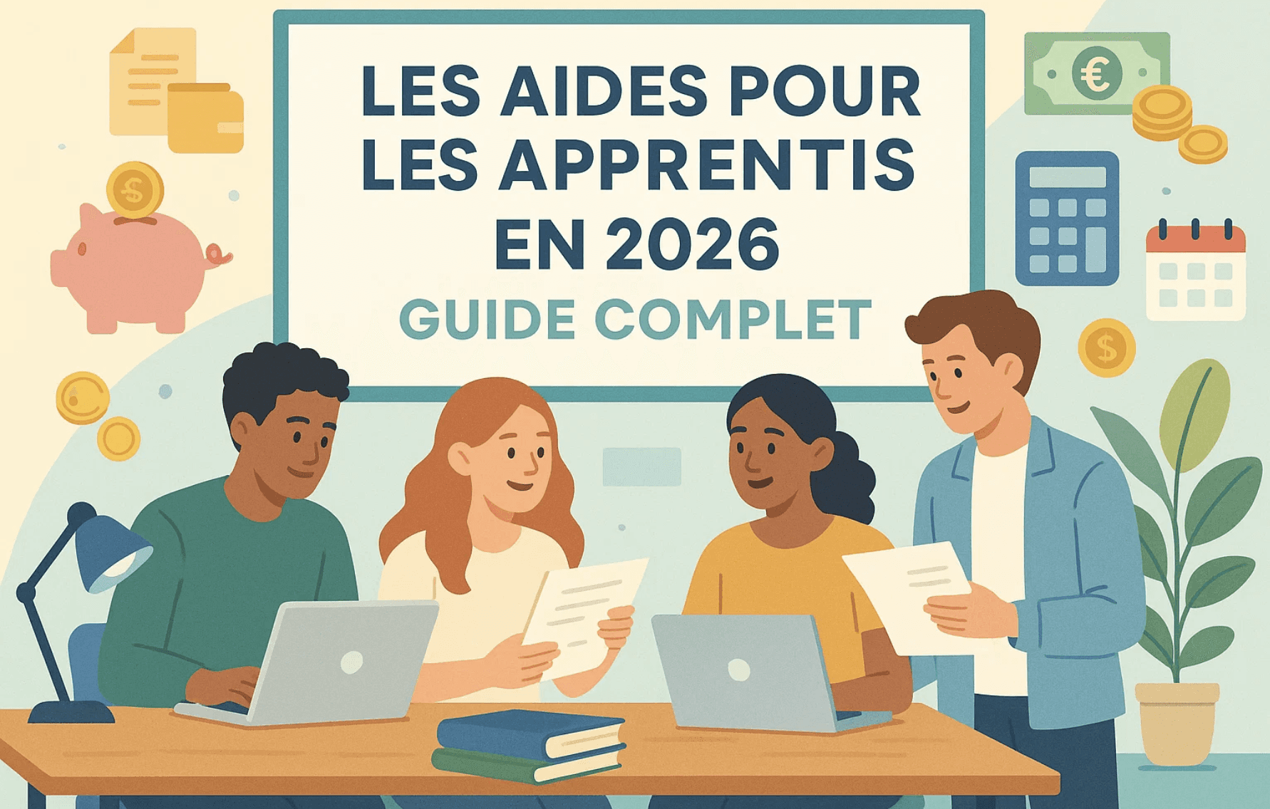 Quatre alternants autour d’un ordinateur, en train de découvrir toutes les aides pour les apprentis en 2026 auxquelles ils ont droit, dans un environnement de travail moderne et collaboratif.