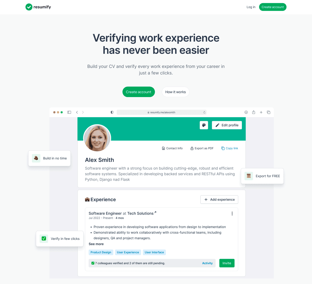 Strong hero section with clear value proposition "Verifying work experience has never been easier". Clean design with effective CTA buttons, product preview, and trust elements. Uses white space and green accents for professional appeal.