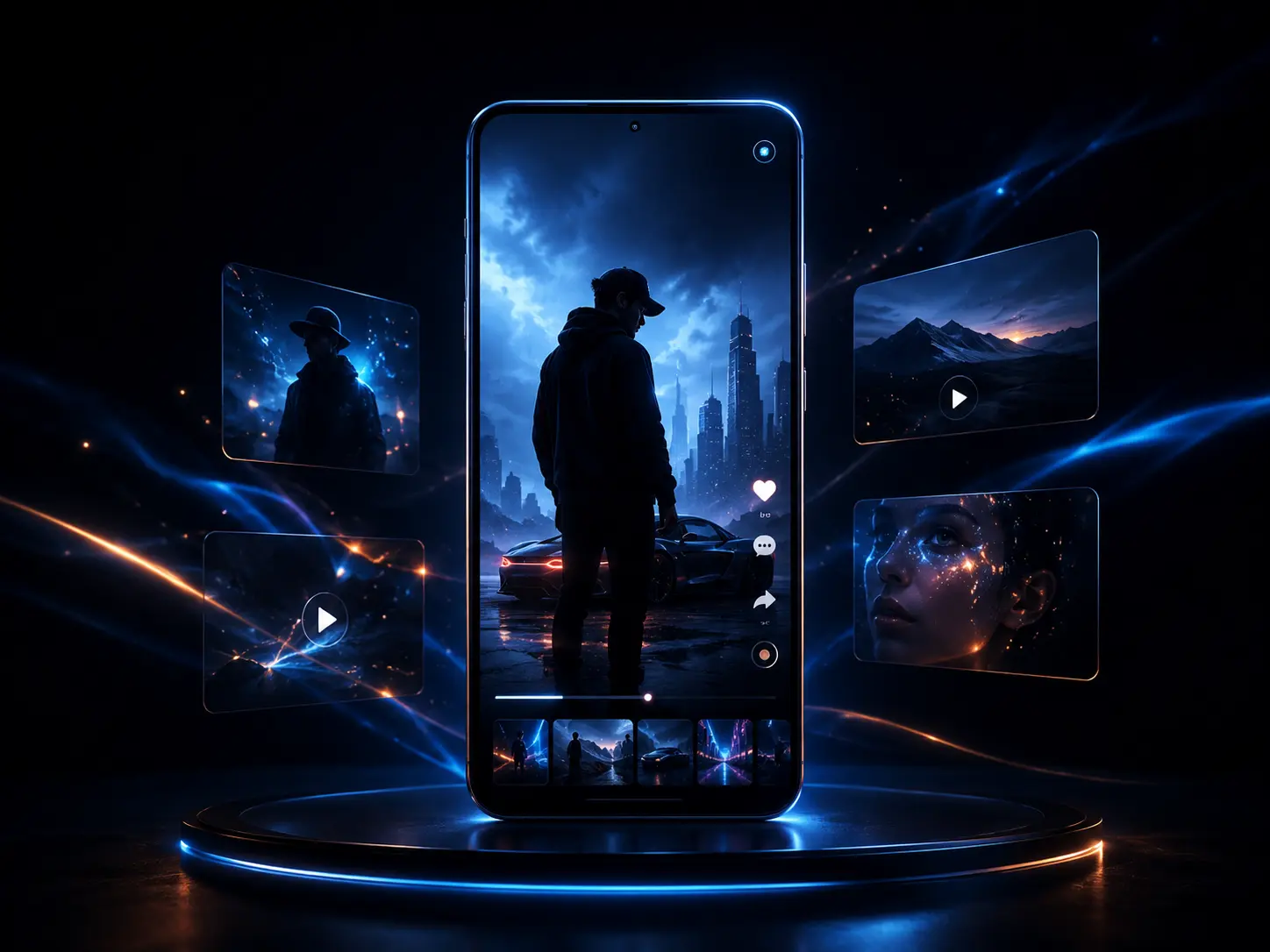 Futuristic AI UGC content creation concept with vertical video interface, cinematic visuals, and blue orange neon lighting for Lumis agency