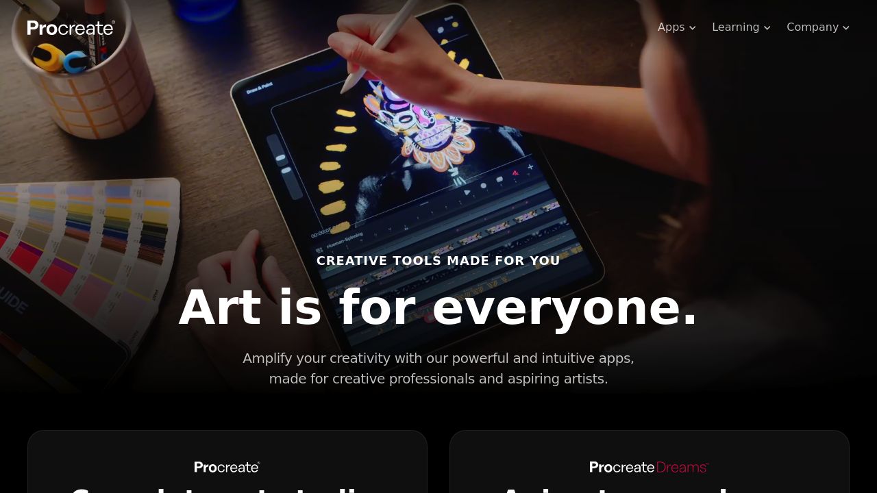 Screenshot of the Procreate website displaying digital painting app features for iPad