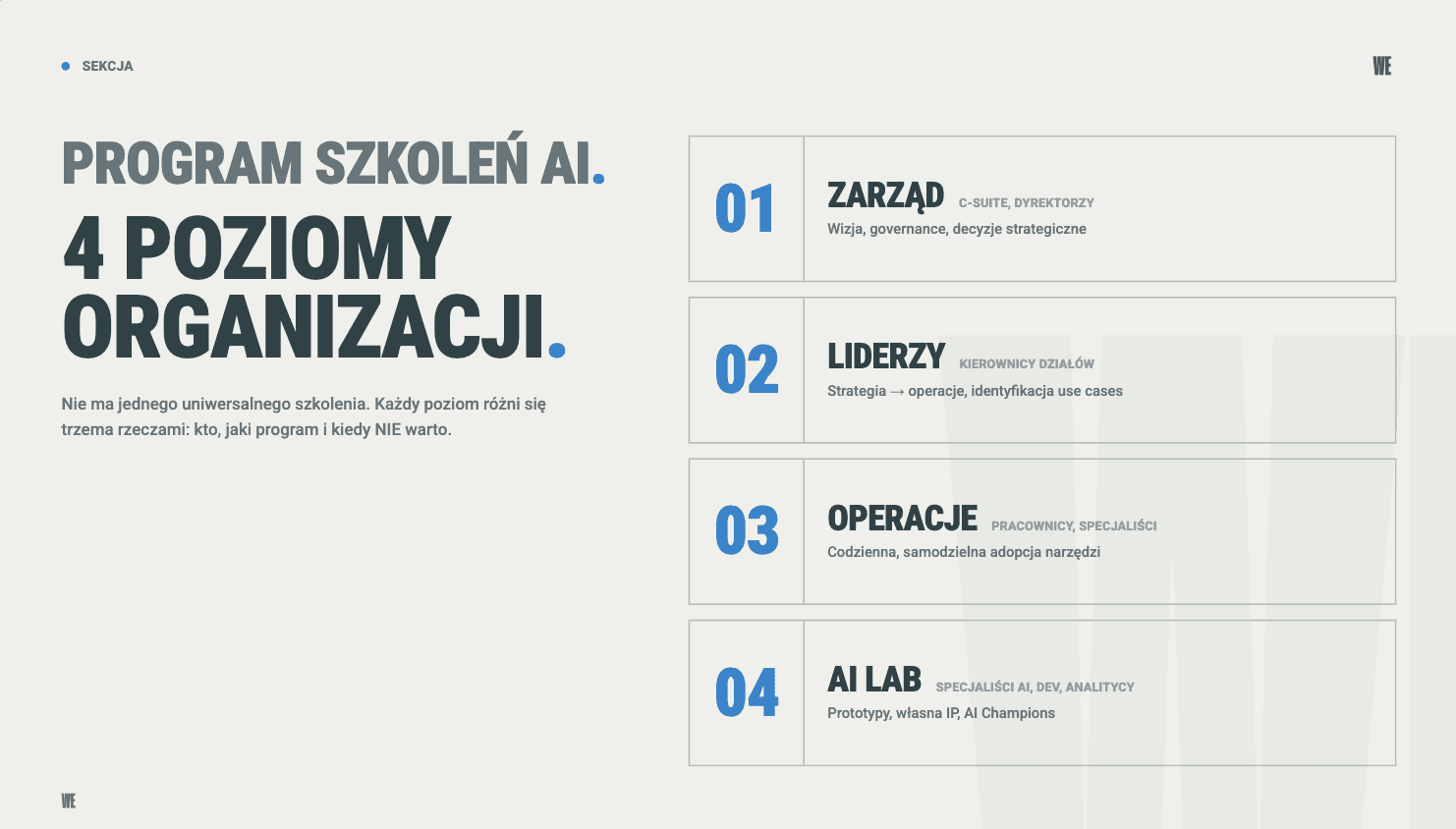 Diagram 4 poziomów szkoleń AI w firmie z typami programów i kryteriami doboru