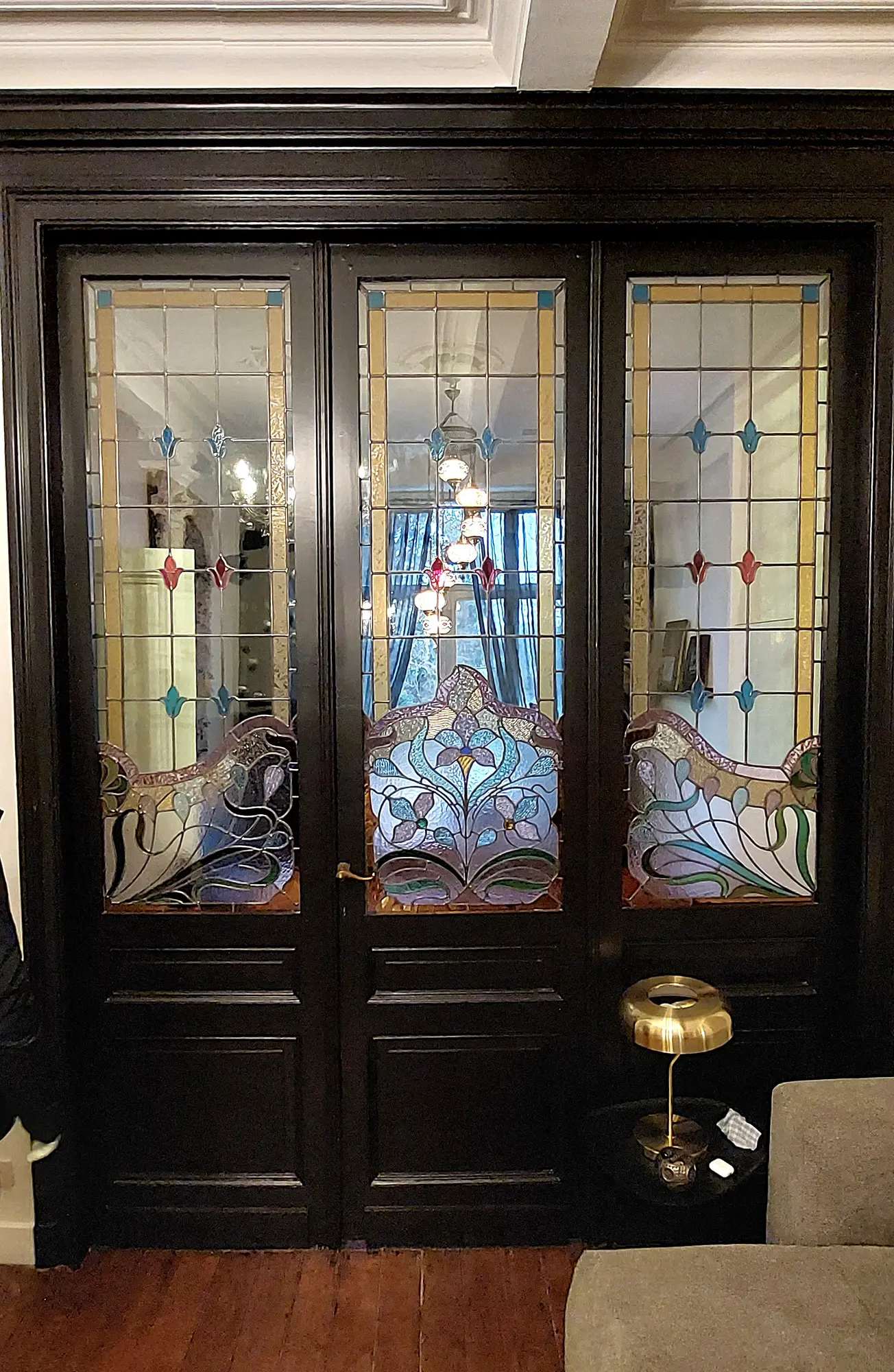 Set van drie glas in lood deurpanelen na restauratie - Lier