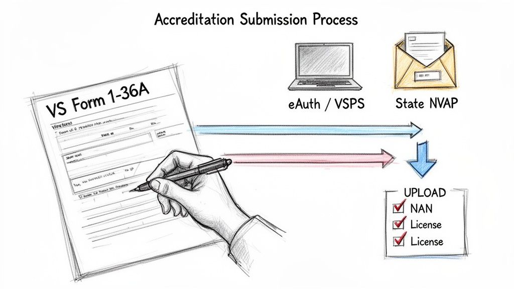 Accreditation submission process showing a hand filling out VS Form 1-36A and documents uploaded via eAuth/VSPS or State NVAP.