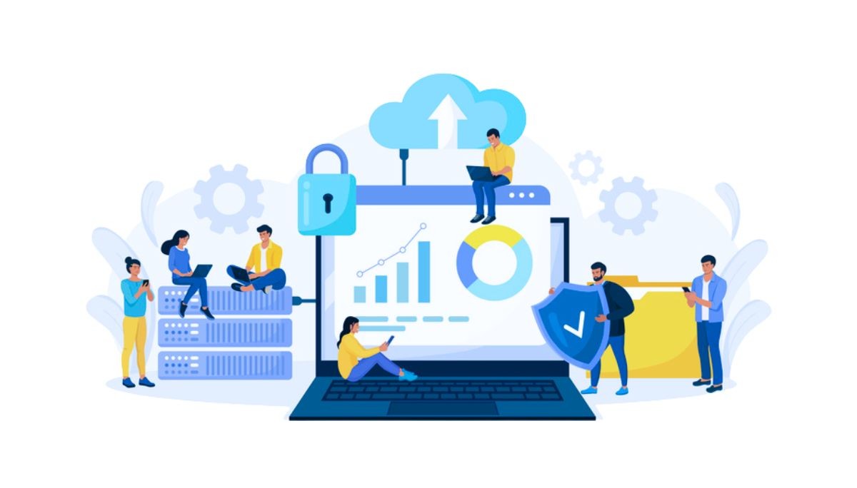 Illustration of people working with cloud data, servers, and security icons around a laptop, symbolizing engineering fields such as software, systems, and security engineering.