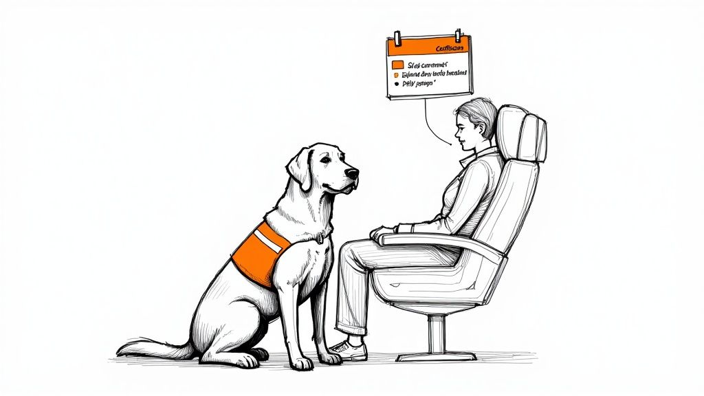 A woman sitting in a chair talks to her service dog wearing an orange vest, with a speech bubble.