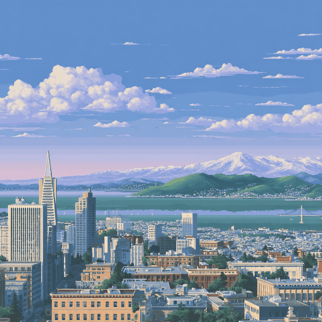 Pixel art of city with mountains behind it.
