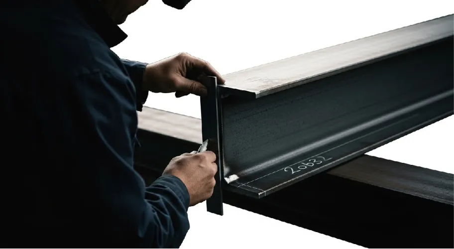 Steel I-beam measurement and marking during fabrication process to ensure dimensional accuracy