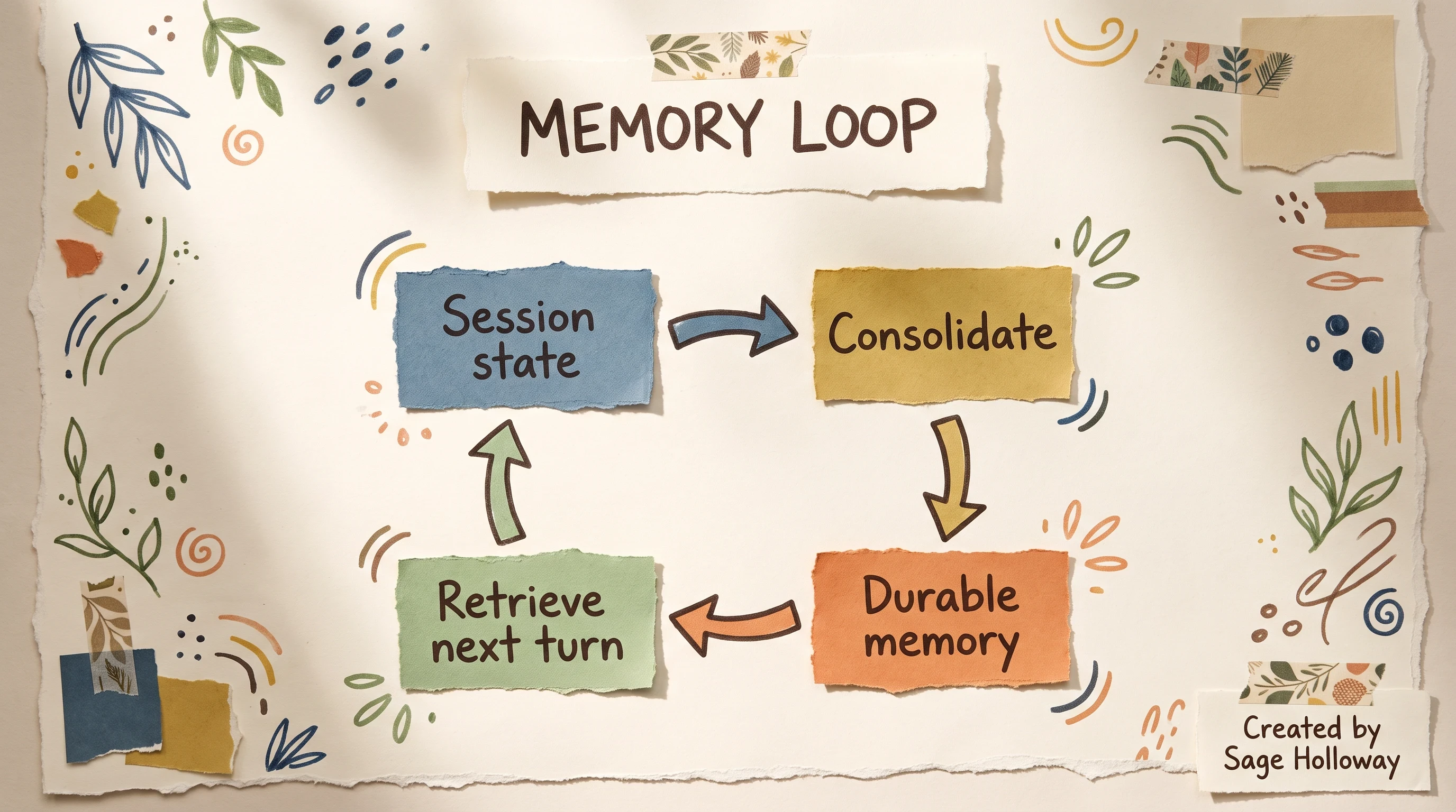 Scrapbook loop diagram of session memory consolidating into long-term agent memory