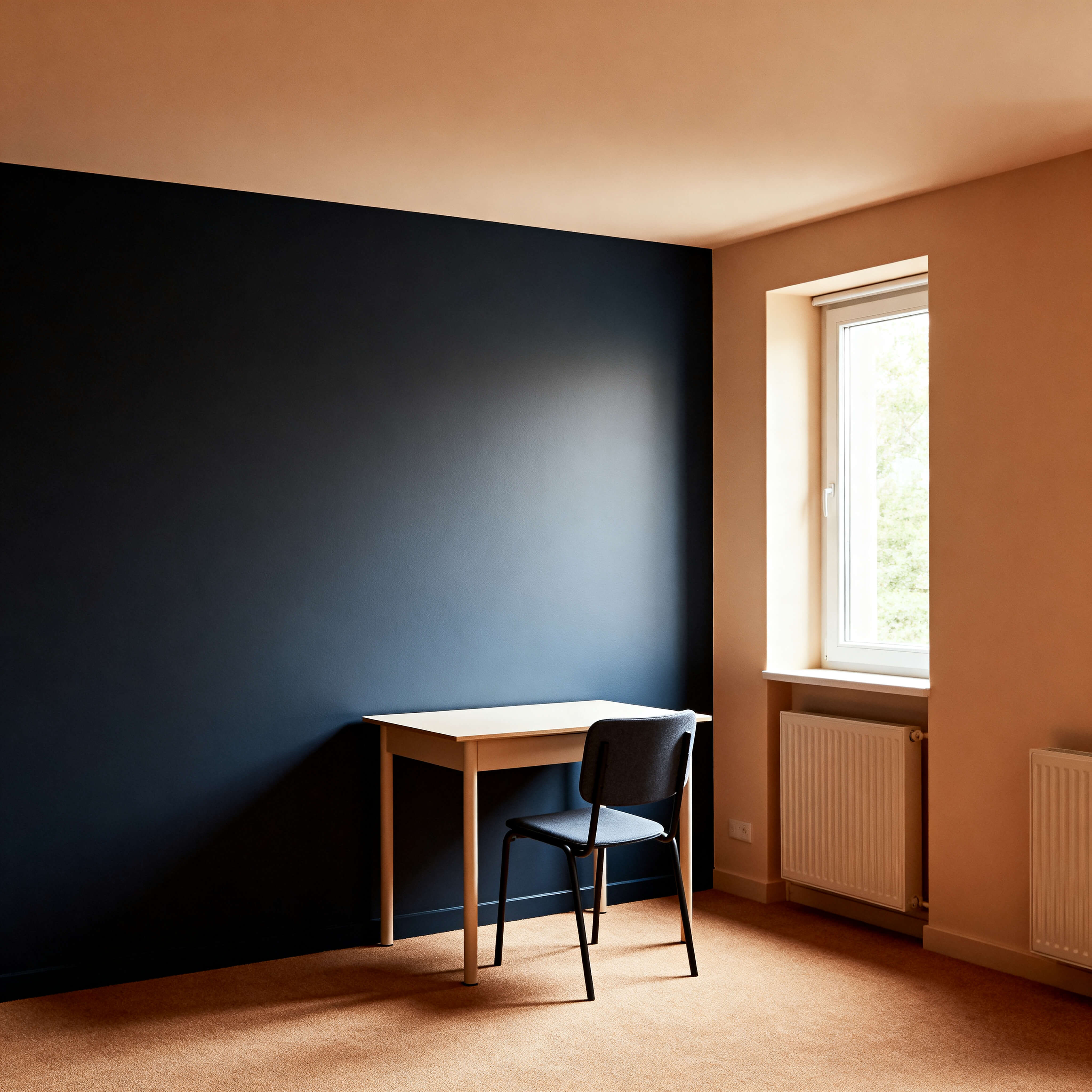 Mesa simples com cadeira única em espaço minimalista luminoso com luz natural entrando pela janela, representando o ambiente acolhedor e acessível dos serviços gratuitos.