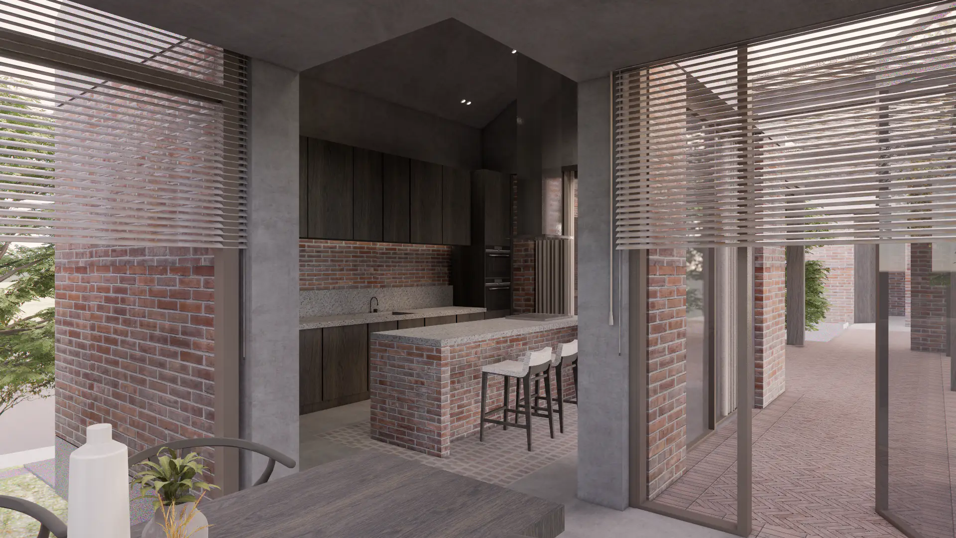 Kitchen with a brick island and bar stools