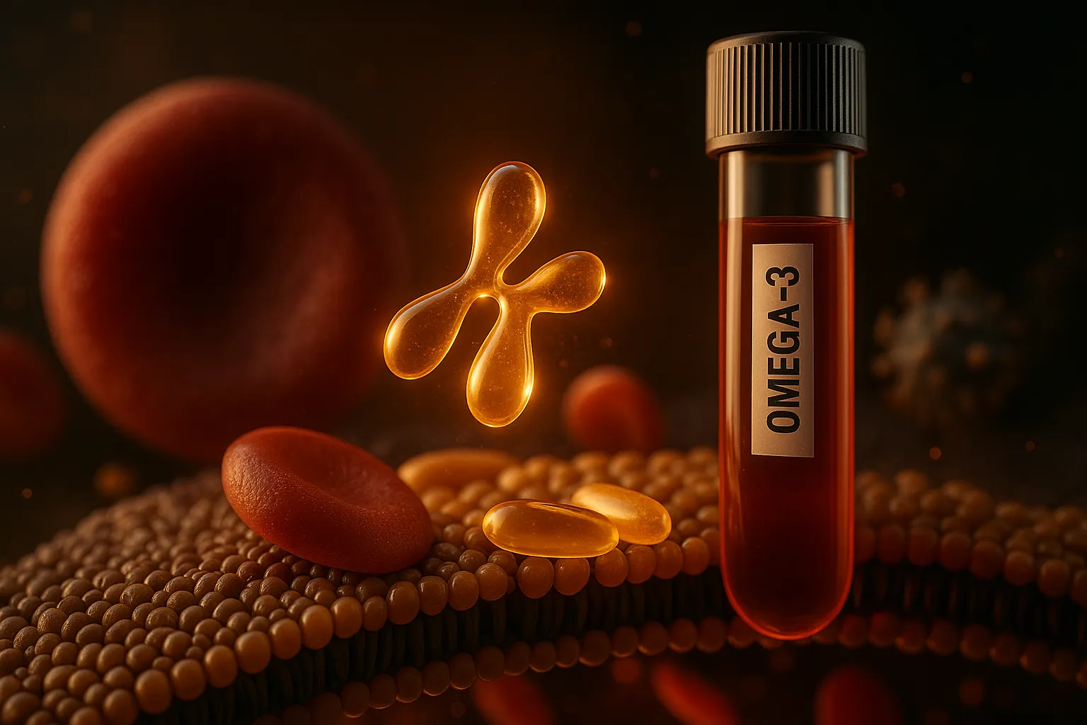3D illustration of an OMEGA-3 blood test tube with glowing omega-3 droplet symbol, red blood cells, and capsules on a cell membrane in a dark background.