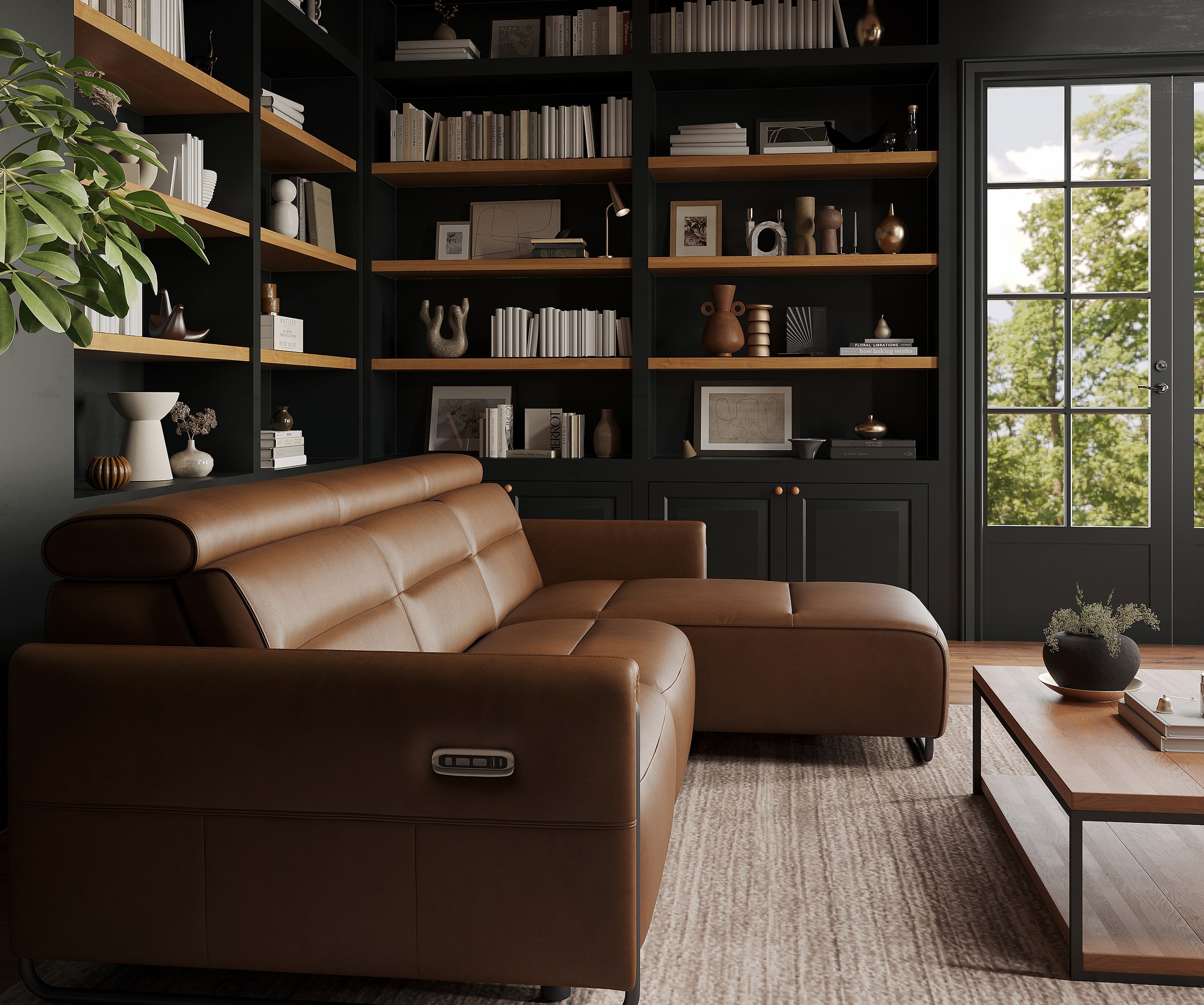Living room with leather lounge chair and bookshelf in warm interior lighting