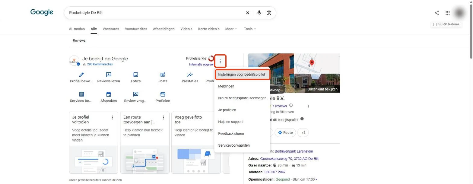 Het blok Je bedrijf op Google, met het menu achter de drie puntjes en Instellingen voor bedrijfsprofiel