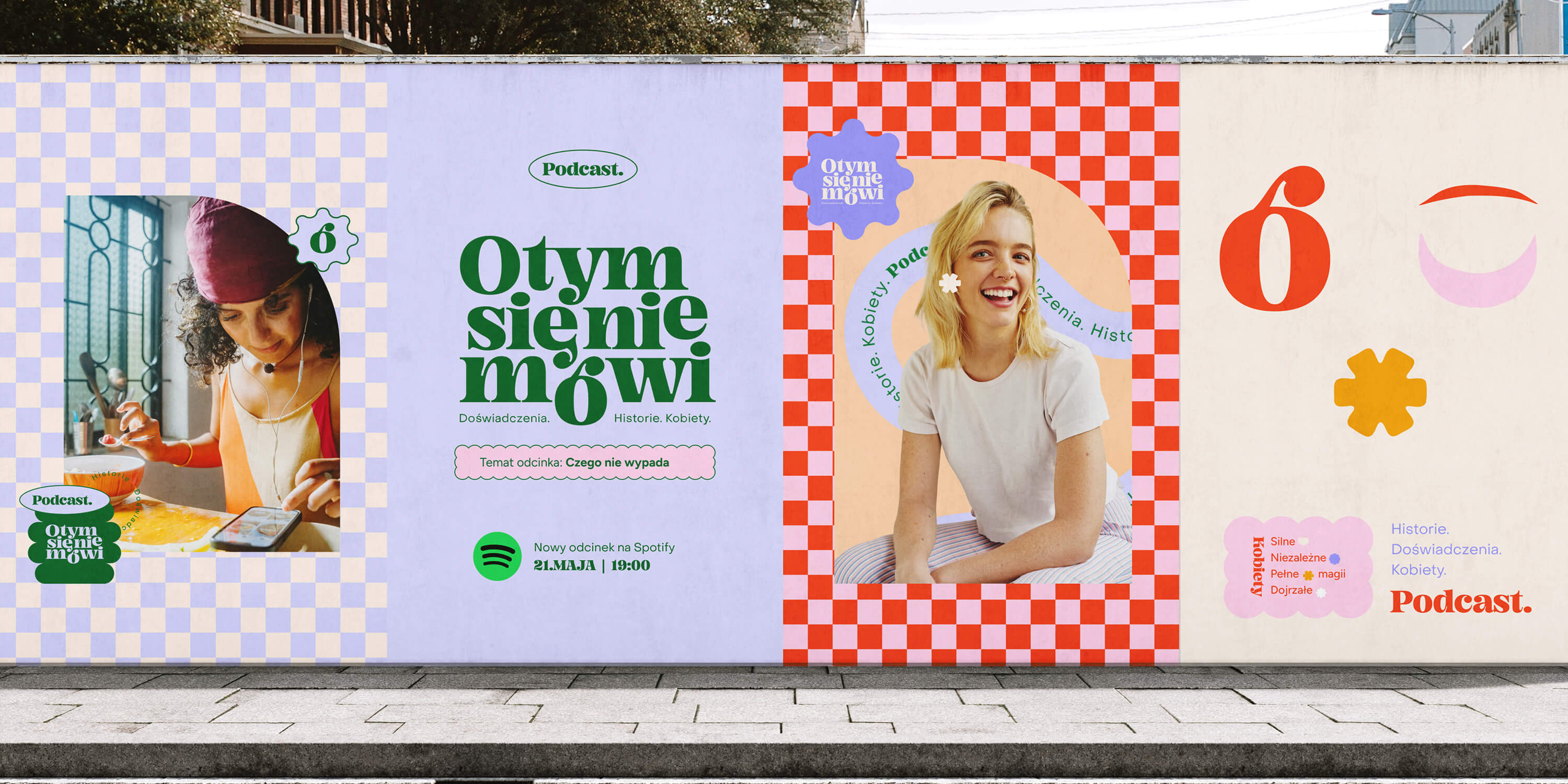 Outdoor mockup showcasing the podcast’s branding on a large street fence — illustrating real-world visibility and visual impact.