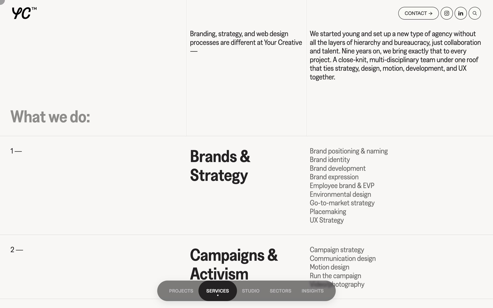 Your Creative title in top left. Columns list services including Brands & Strategy and Campaigns & Activism, with descriptions.