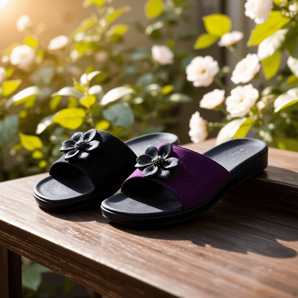 product photography of a pair of decorative slide sandals