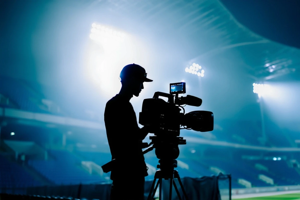 High school sports field with live streaming camera setup and MR·NET equipment for remote broadcast