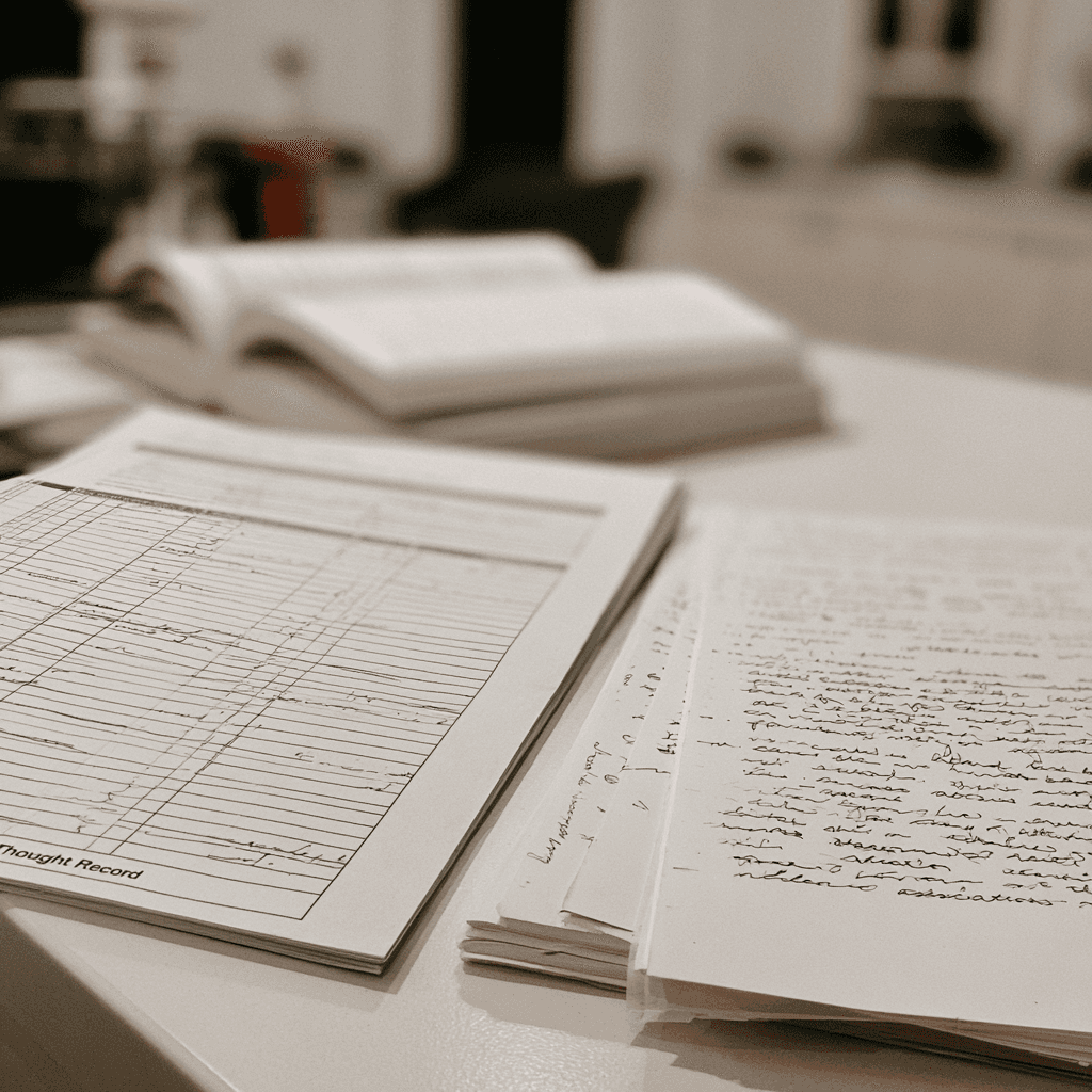 A printed thought record worksheet next to a page of handwritten dream and association notes
