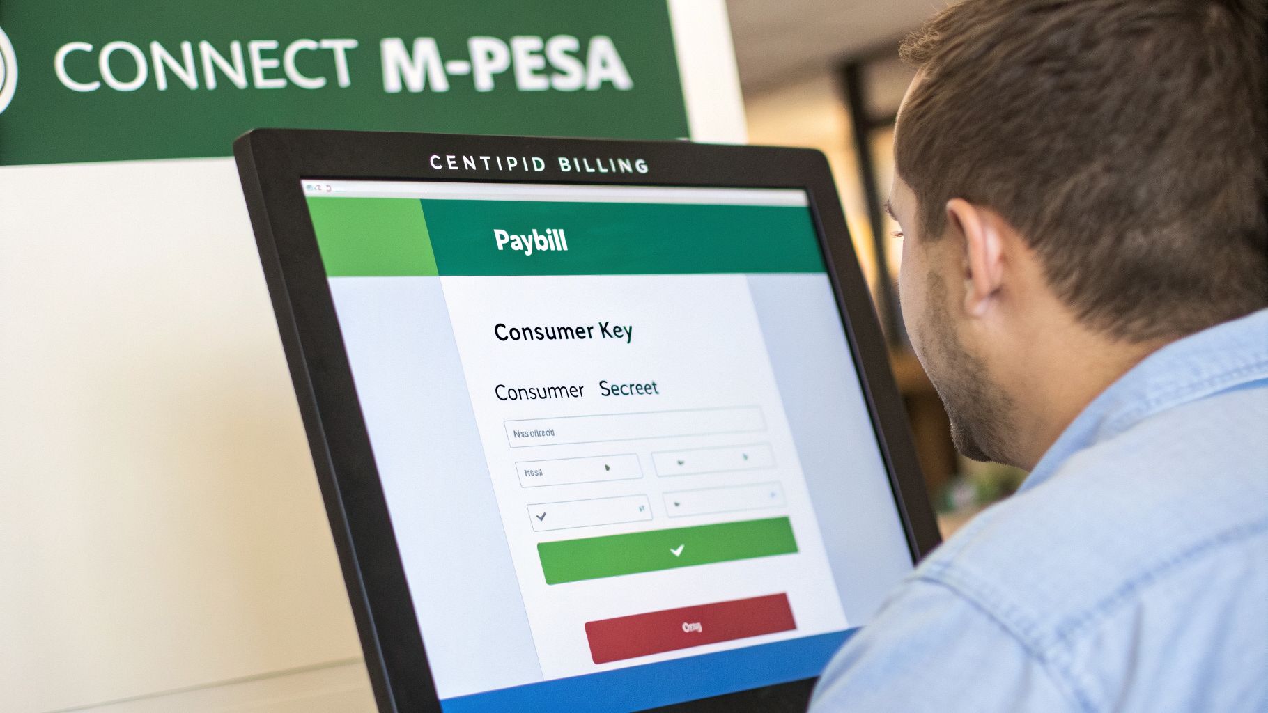 A person uses a digital kiosk screen displaying a 'Paybill' interface for Centipid Billing, with 'CONNECT M-PESA' visible in the background.