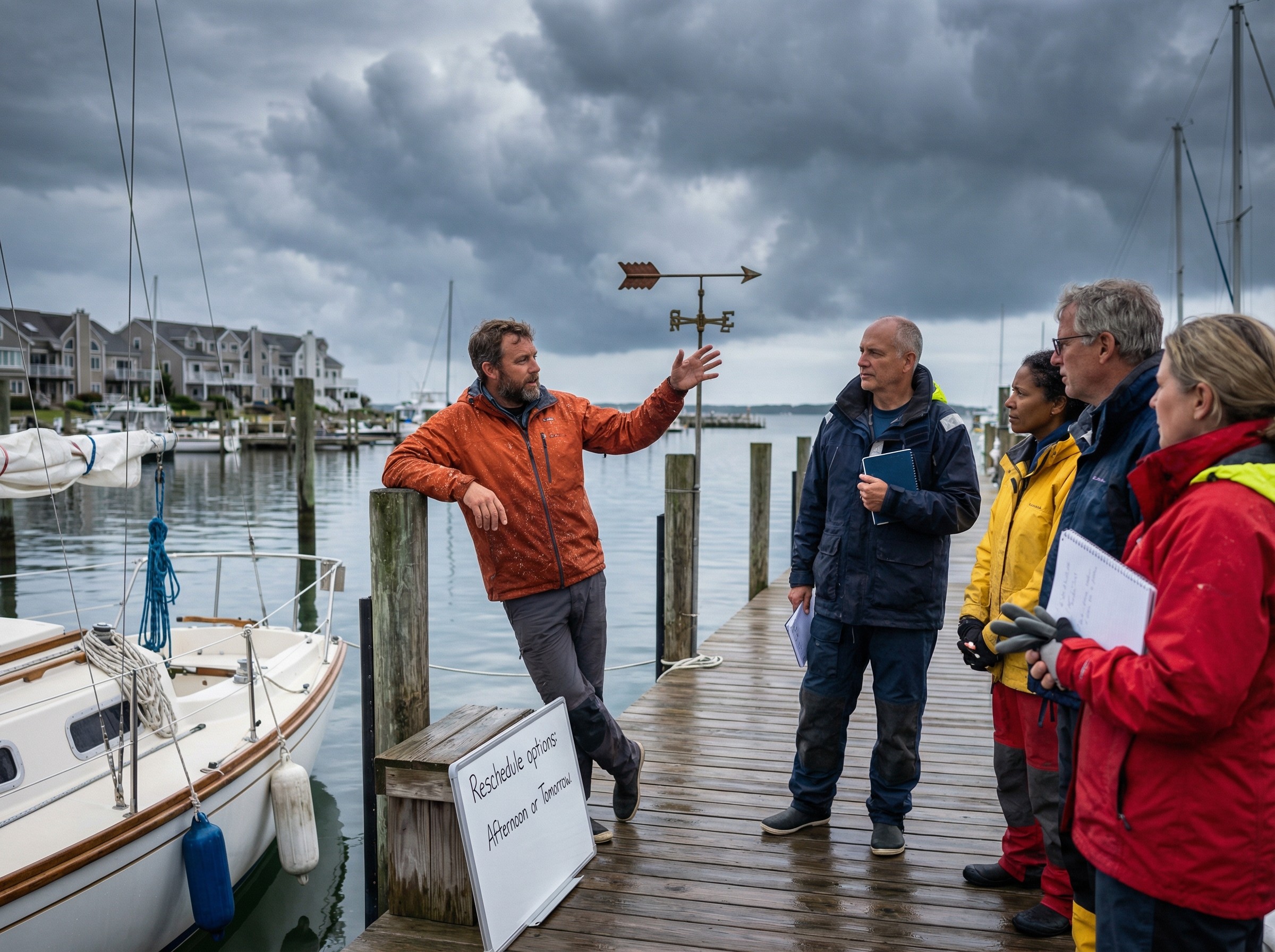 Dunkle Wolken ziehen über den Hafen, während ein Trainer am Steg auf eine Wetterfahne zeigt. Eine kleine Gruppe in Ölzeug wartet, Boote liegen bereit und Fender klopfen leise. Die Crew bespricht alternative Zeiten und das weitere Vorgehen an Land.