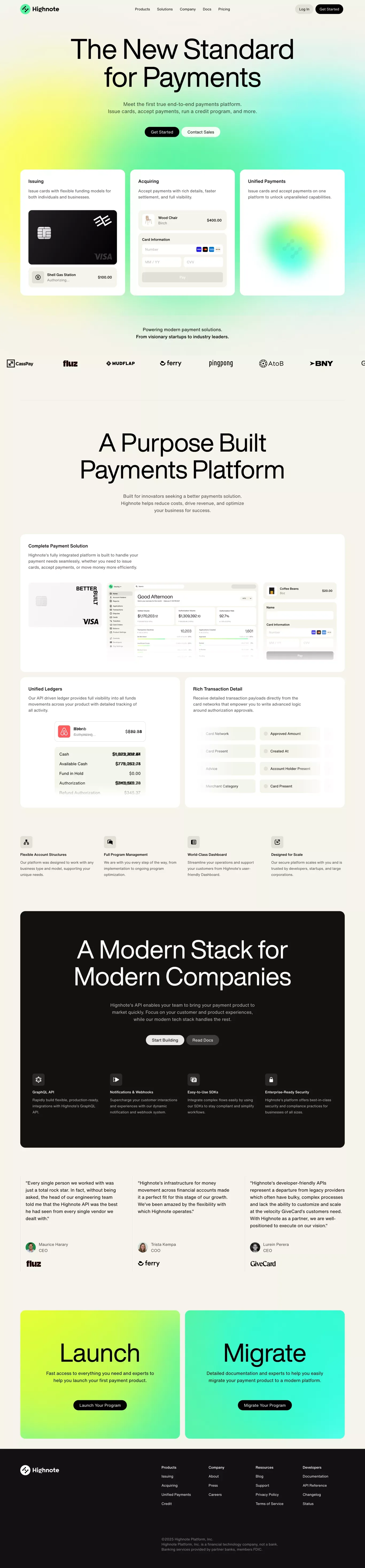 Highnote landing page screenshot showcasing Finance and Tech design