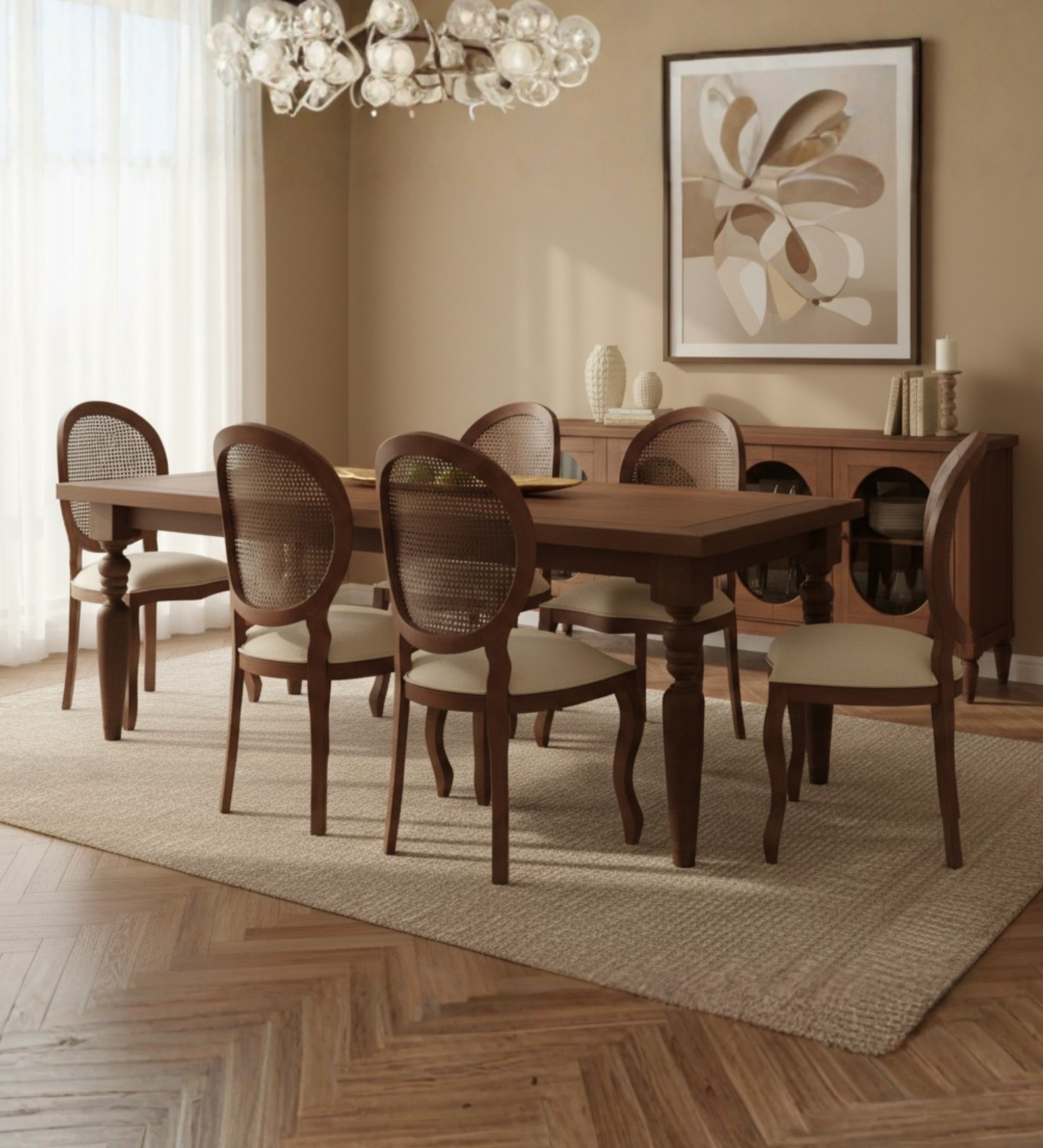 Luxury lounge seating with striped armchairs styled in a minimalist neutral interior