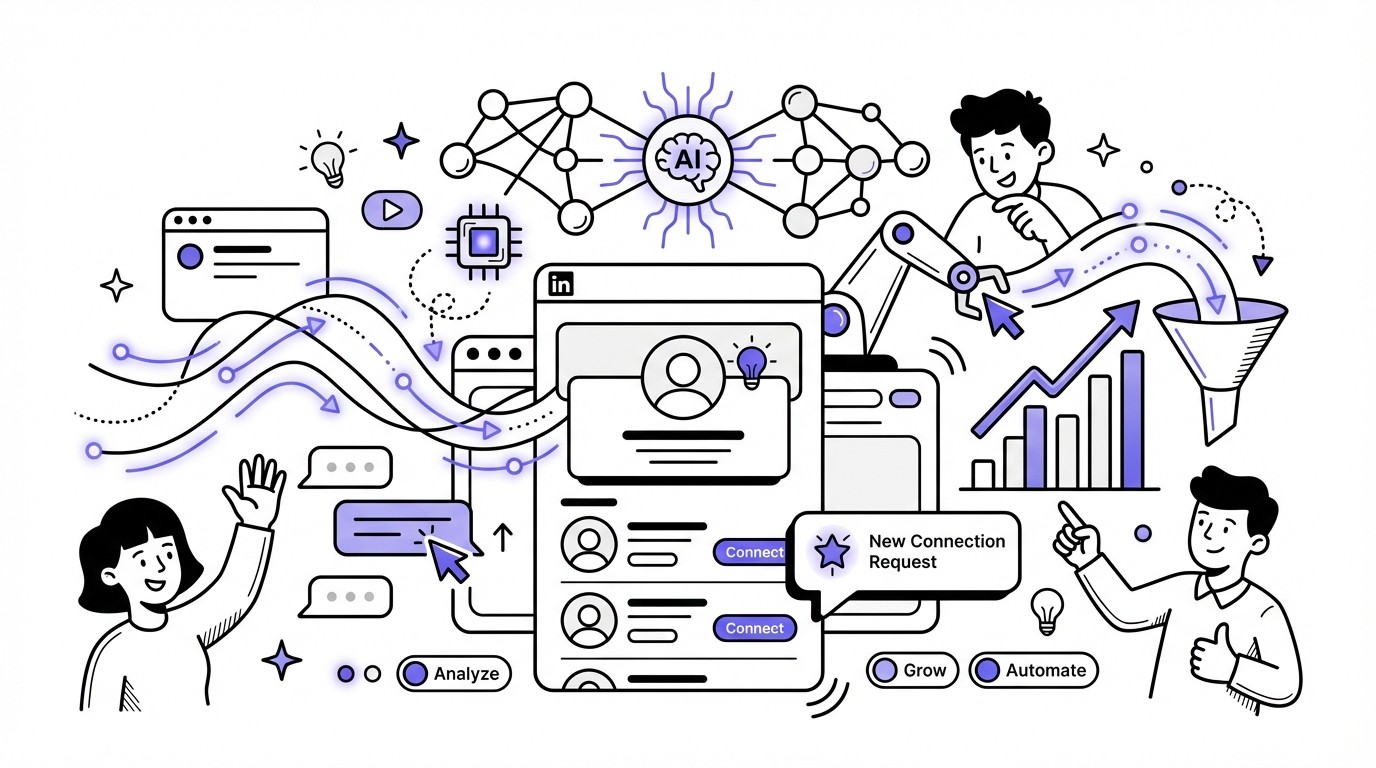 A modern illustration of AI intelligently sifting through stylized LinkedIn profiles, using glowing data streams and neural networks to identify and generate leads without premium tools, set against a backdrop of professional tech colors.