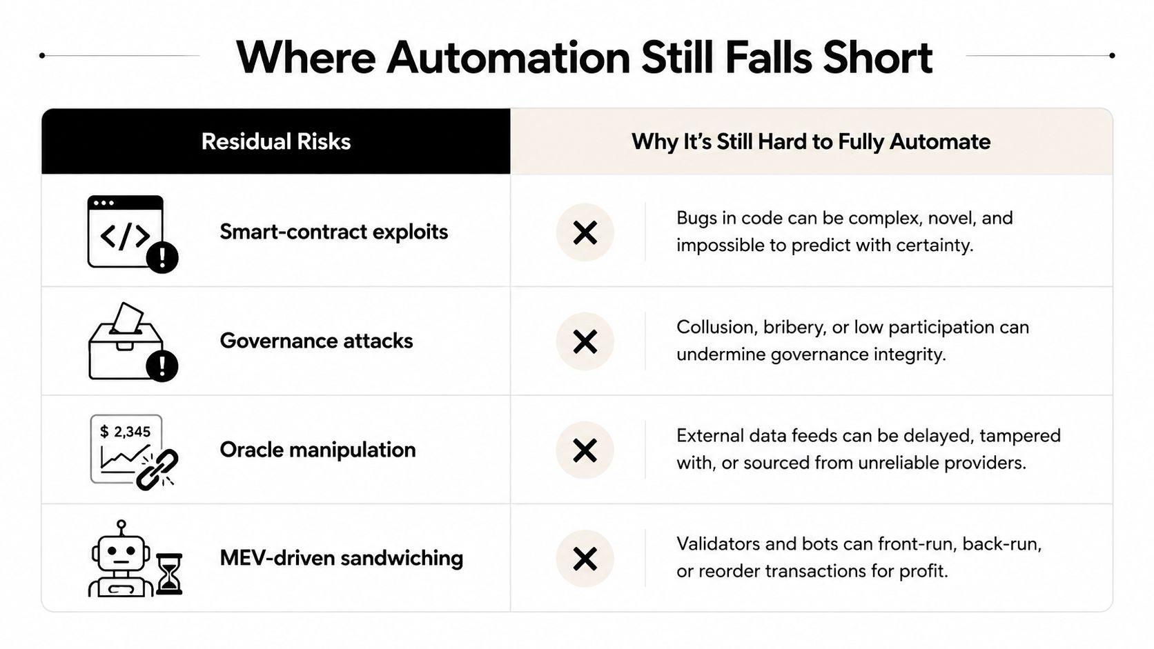 A chart showing residual risks and reasons why full automation is challenging in decentralized finance systems.
