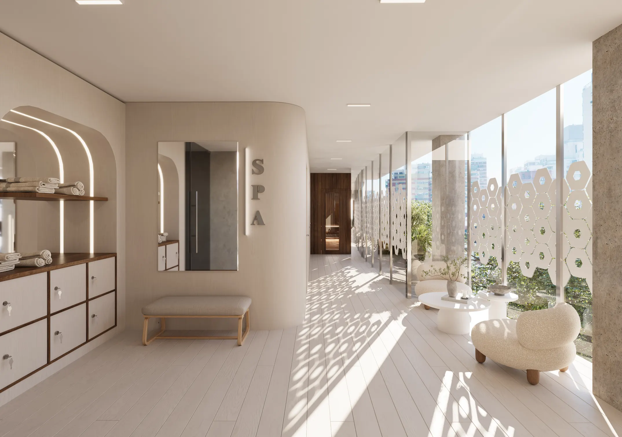 Baño de lujo con arquitectura de arcos, bañera, ventanales amplios y acabados en tonos crema