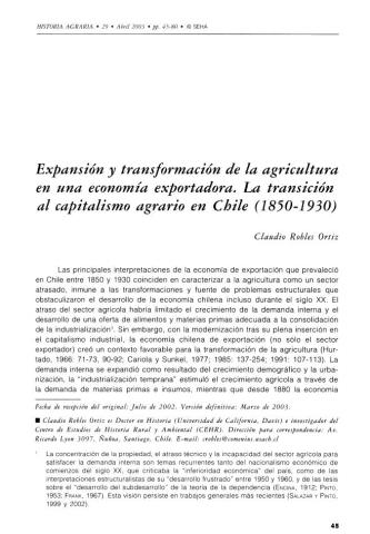 Expansión y transformación de la agricultura en una economía exportadora: La transición al capitalismo agrario en Chile (1850-1930)