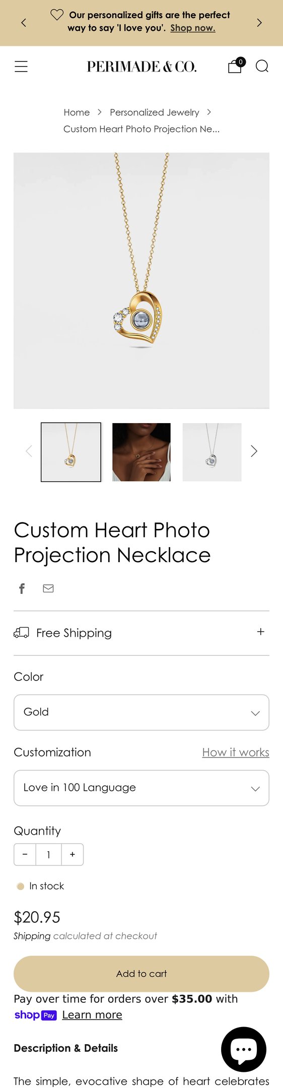 Jewelry product options include: necklace, pendant, chain for Custom Heart Photo Projection Necklace from Perimade & Co..