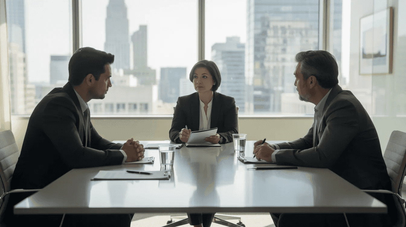 The image shows two adult siblings, a brother and a sister, sitting across from each other at a table in an office, with a mediator present to facilitate their discussion about managing sibling dynamics after an unequal inheritance following their mother's death. The atmosphere suggests tension, as they navigate their conflicting feelings regarding the estate and their relationship.