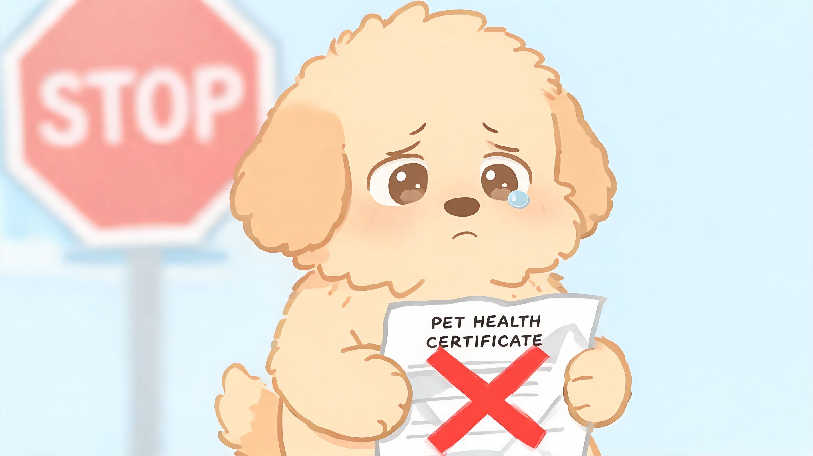 A sad, tearful cartoon puppy holding a denied pet health certificate with a large red X mark.