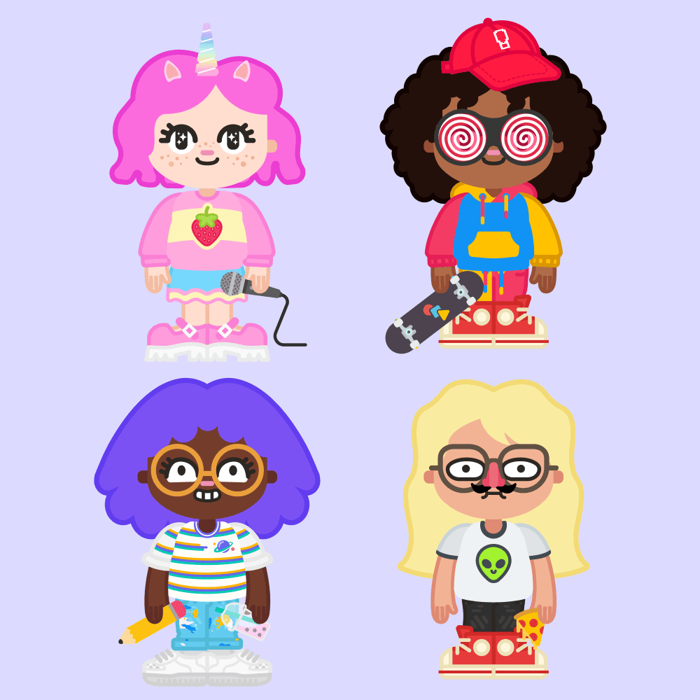 A vector illustration of four unique, mix-and-match character avatars. Characters include a pink-haired unicorn popstar holding a microphone, a dark-skinned skater with spiral glasses and a skateboard, a purple-haired artist with a rainbow shirt holding a giant pencil, and a blonde character wearing a fake mustache disguise holding a slice of pizza.