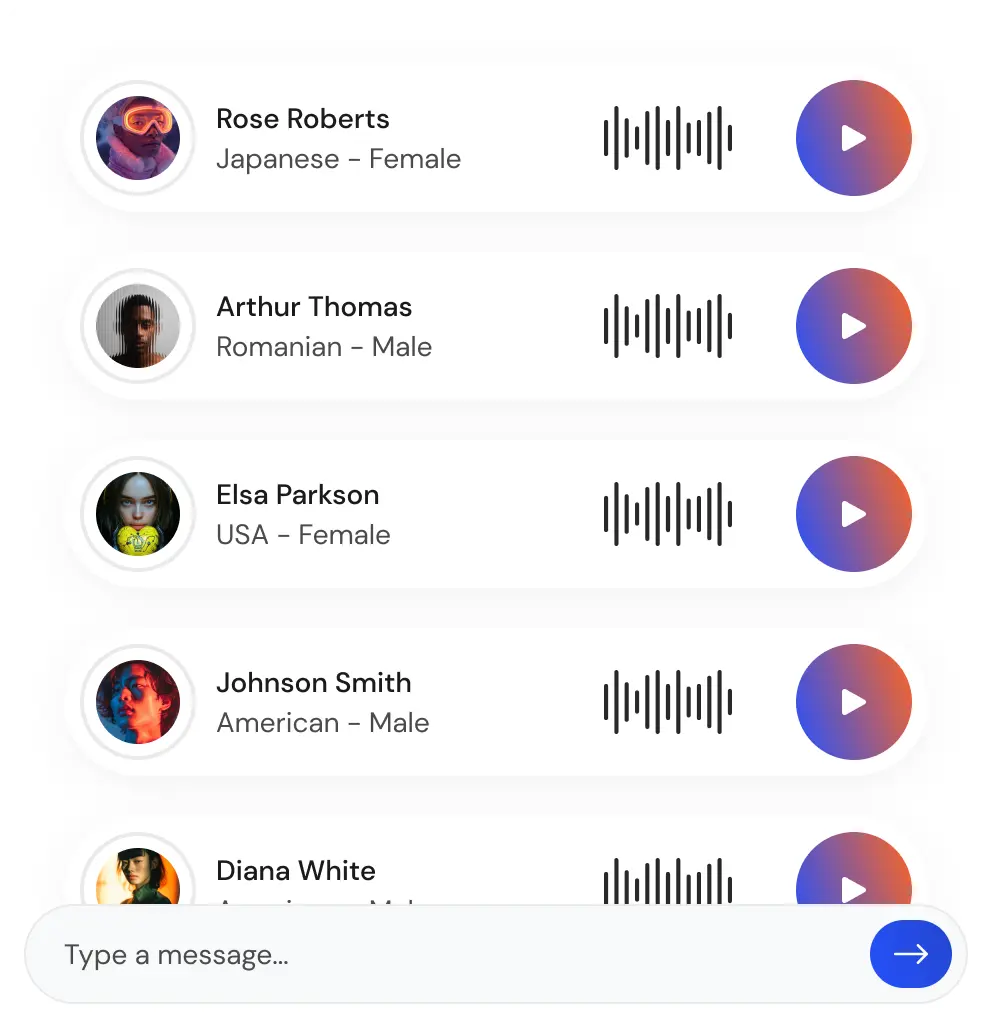 A list of user profiles featuring names, languages, genders, audio waveforms, and play buttons.