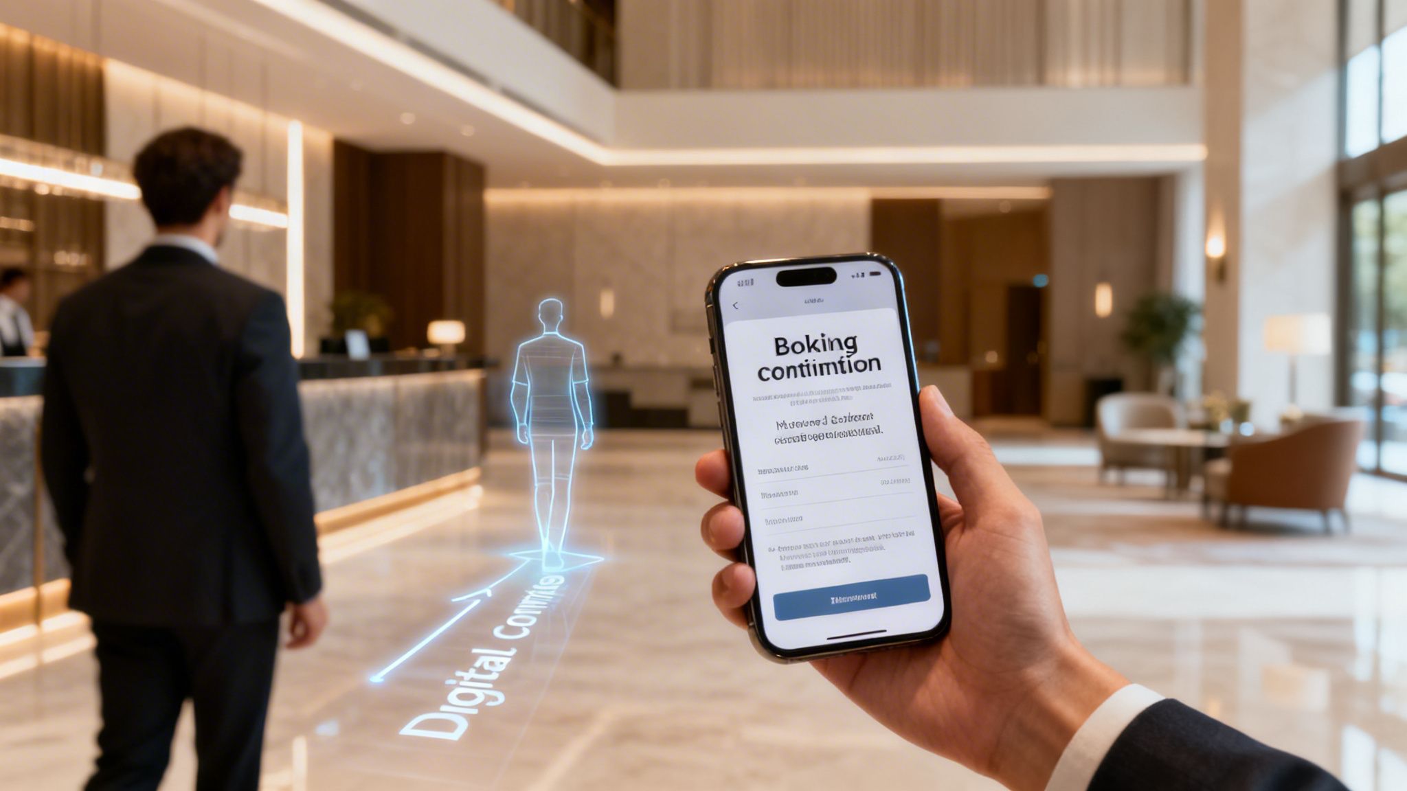 Hand holding a smartphone with booking confirmation in a modern hotel lobby featuring a digital guide.